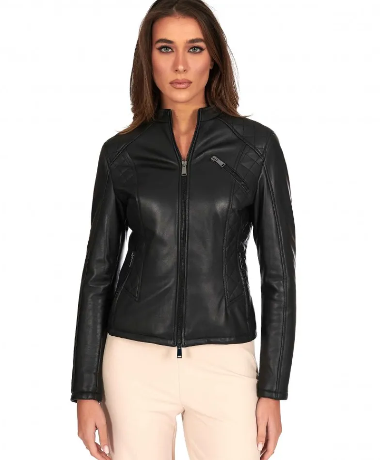 Donna D'Arienzo Geny - Giubbotto moto in pelle nera trapuntata effetto vintage