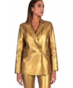 Donna D'Arienzo Giada - Blazer doppiopetto in pelle color oro chiusura bottone