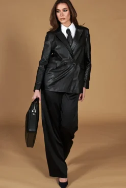 Donna D'Arienzo Giada - Blazer doppiopetto in pelle nera chiusura bottone