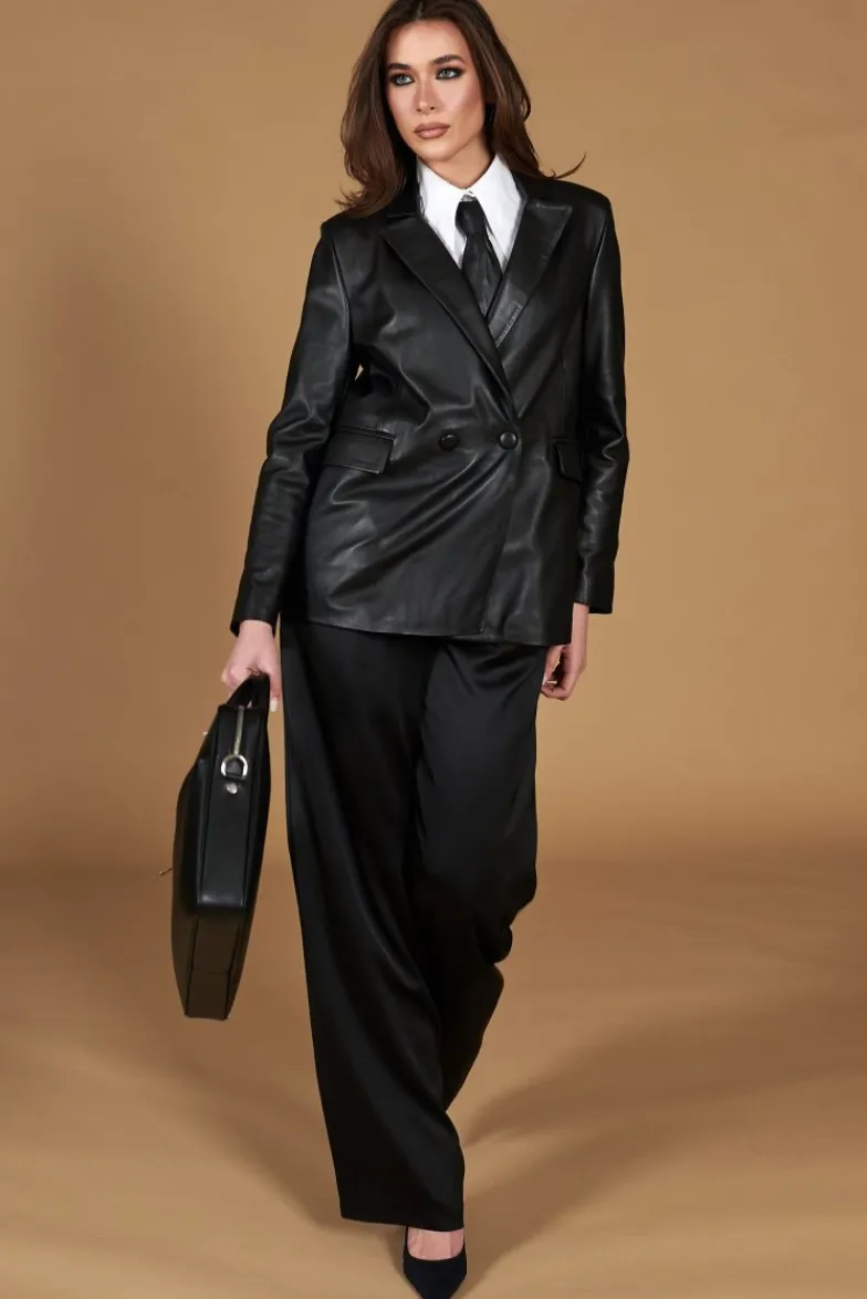Donna D'Arienzo Giada - Blazer doppiopetto in pelle nera chiusura bottone