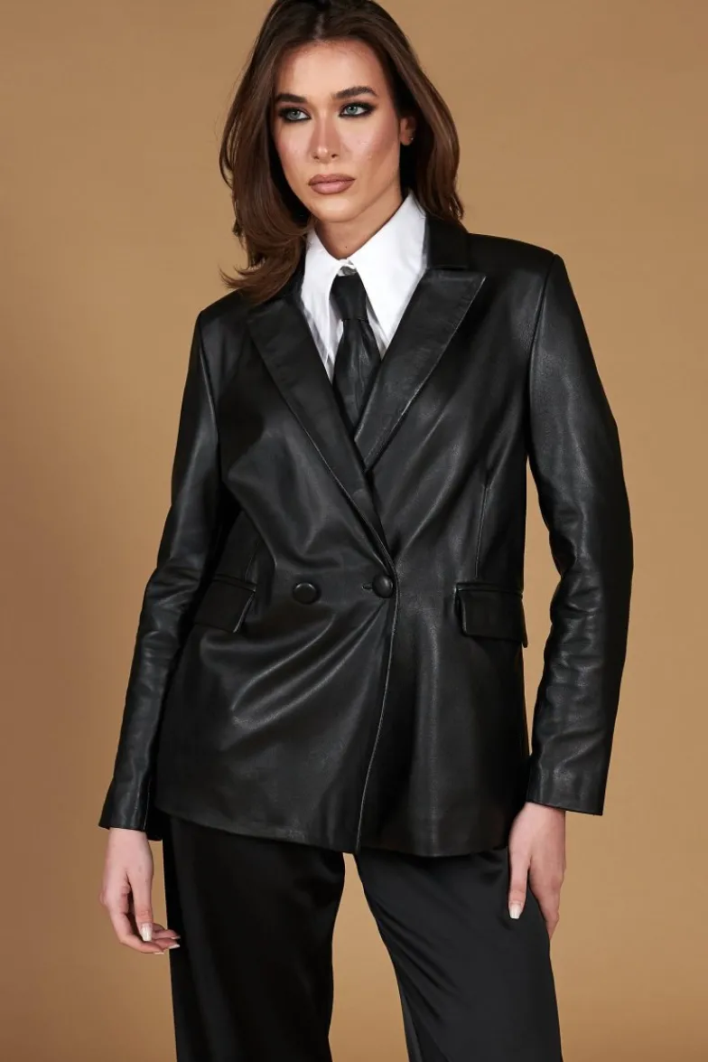 Donna D'Arienzo Giada - Blazer doppiopetto in pelle nera chiusura bottone