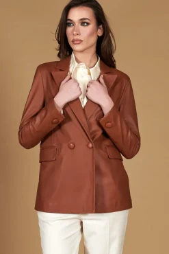 Donna D'Arienzo Giada - Blazer doppiopetto in pelle color cuoio chiusura bottone