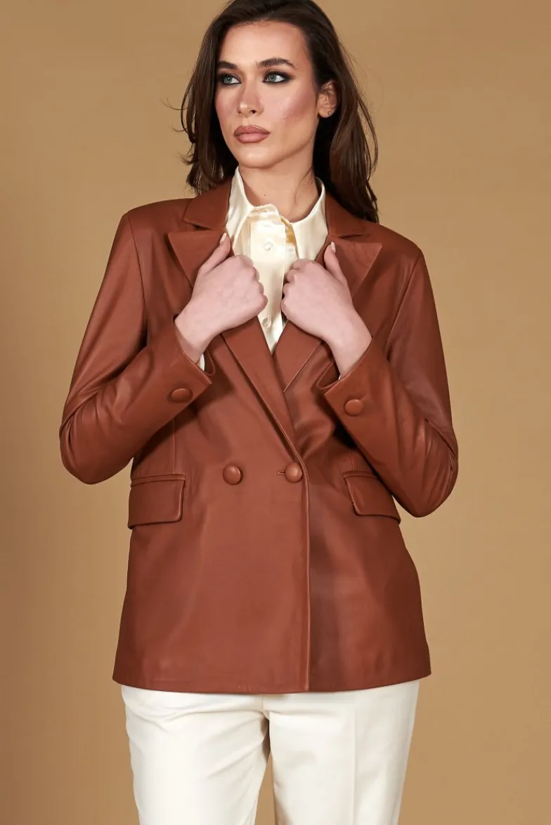 Donna D'Arienzo Giada - Blazer doppiopetto in pelle color cuoio chiusura bottone