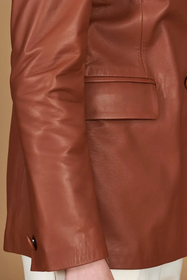 Donna D'Arienzo Giada - Blazer doppiopetto in pelle color cuoio chiusura bottone