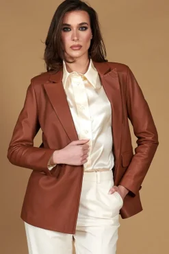 Donna D'Arienzo Giada - Blazer doppiopetto in pelle color cuoio chiusura bottone