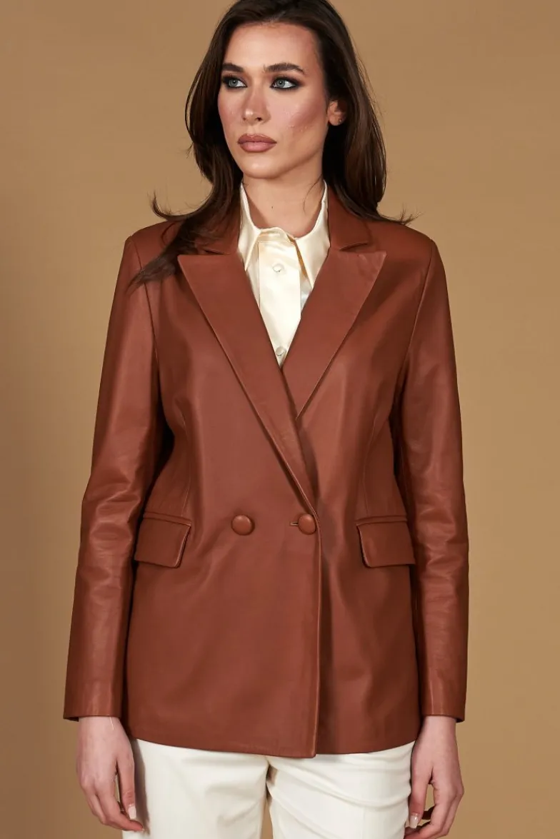 Donna D'Arienzo Giada - Blazer doppiopetto in pelle color cuoio chiusura bottone