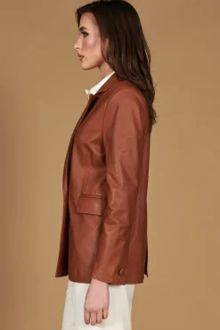 Donna D'Arienzo Giada - Blazer doppiopetto in pelle color cuoio chiusura bottone