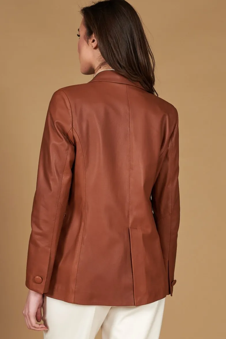 Donna D'Arienzo Giada - Blazer doppiopetto in pelle color cuoio chiusura bottone