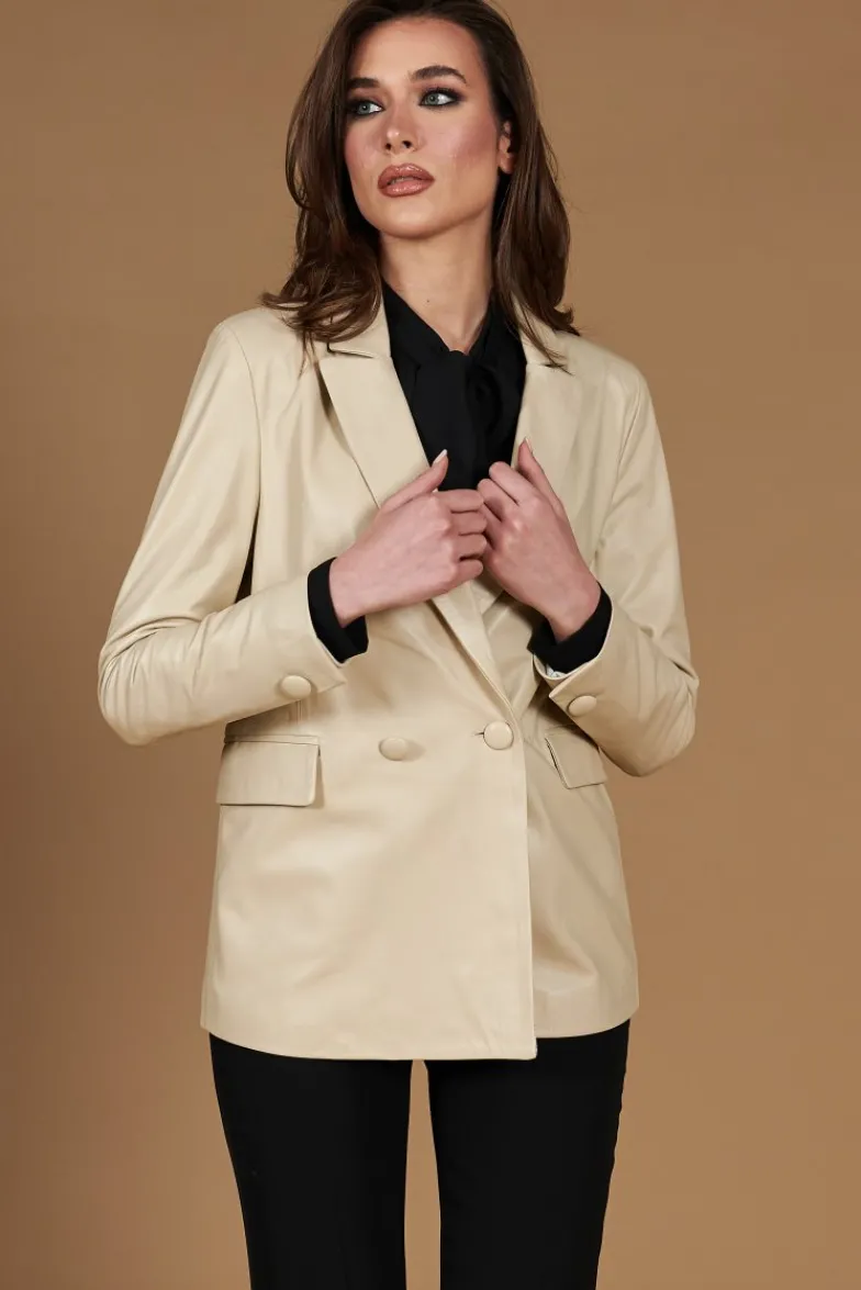 Donna D'Arienzo Giada - Blazer doppiopetto in pelle beige chiusura bottone