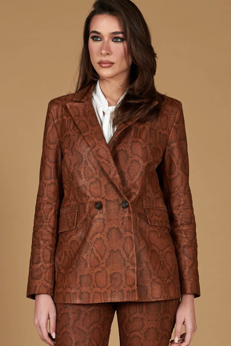Donna D'Arienzo Giada - Blazer doppiopetto in pelle marrone stampa pitone