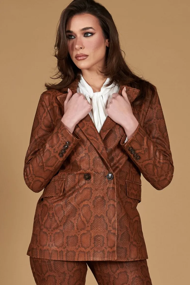 Donna D'Arienzo Giada - Blazer doppiopetto in pelle marrone stampa pitone