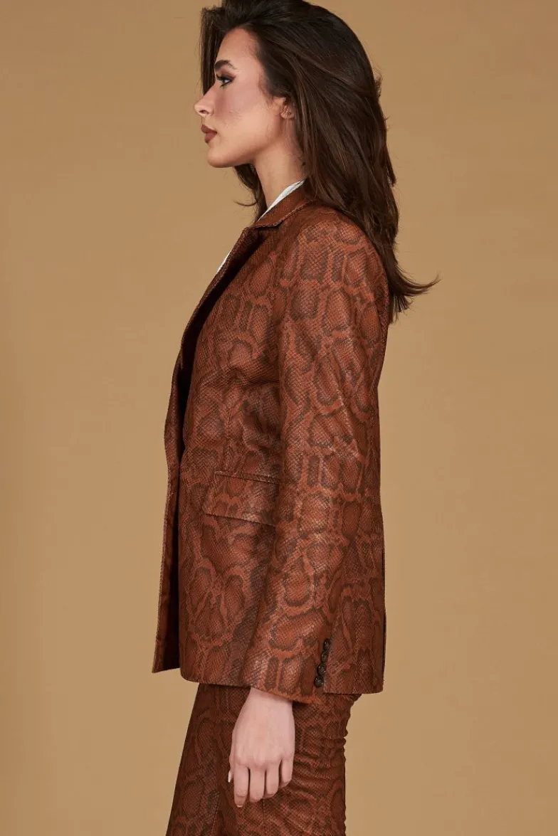 Donna D'Arienzo Giada - Blazer doppiopetto in pelle marrone stampa pitone