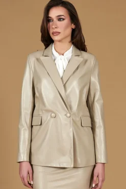 Donna D'Arienzo Giada - Blazer doppiopetto in pelle grigio perla chiusura bottone