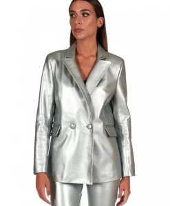 Donna D'Arienzo Giada - Blazer doppiopetto in pelle color argento chiusura bottone