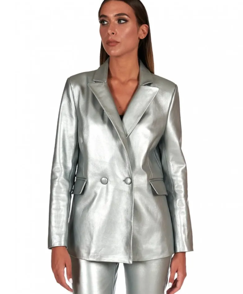 Donna D'Arienzo Giada - Blazer doppiopetto in pelle color argento chiusura bottone