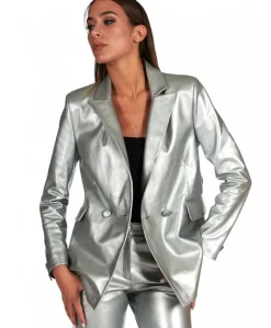 Donna D'Arienzo Giada - Blazer doppiopetto in pelle color argento chiusura bottone