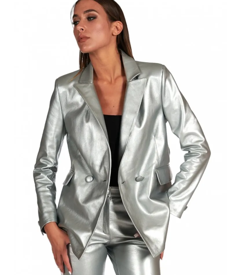 Donna D'Arienzo Giada - Blazer doppiopetto in pelle color argento chiusura bottone