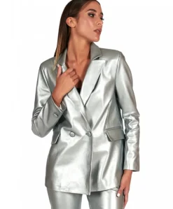 Donna D'Arienzo Giada - Blazer doppiopetto in pelle color argento chiusura bottone