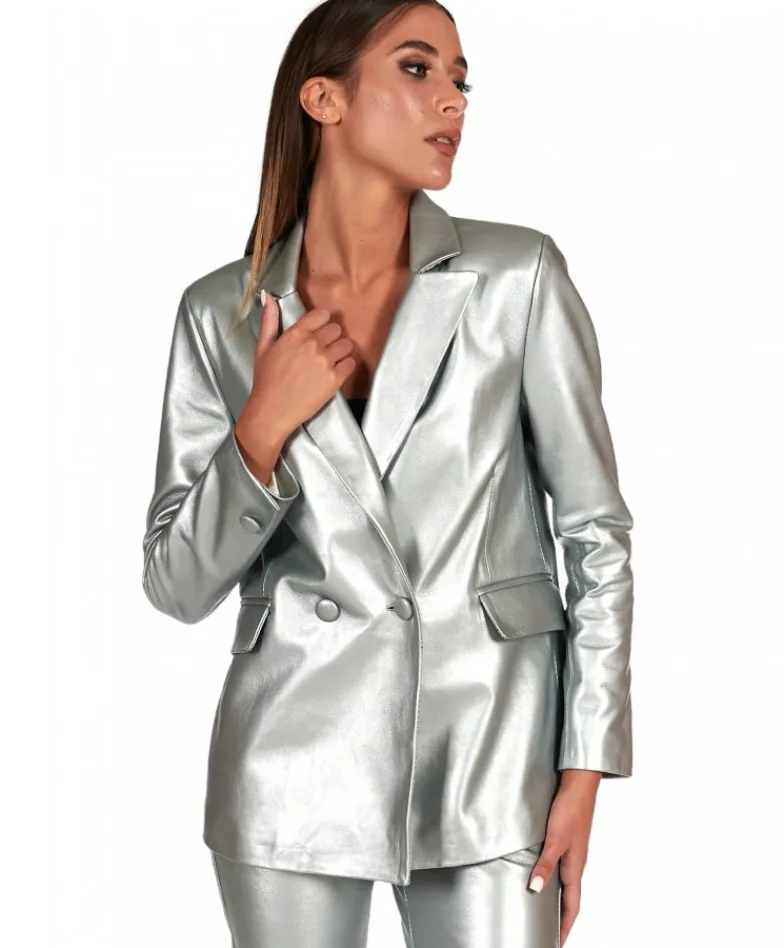 Donna D'Arienzo Giada - Blazer doppiopetto in pelle color argento chiusura bottone