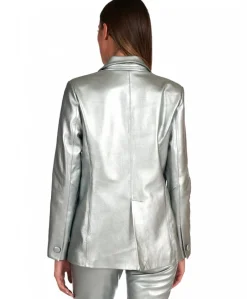 Donna D'Arienzo Giada - Blazer doppiopetto in pelle color argento chiusura bottone