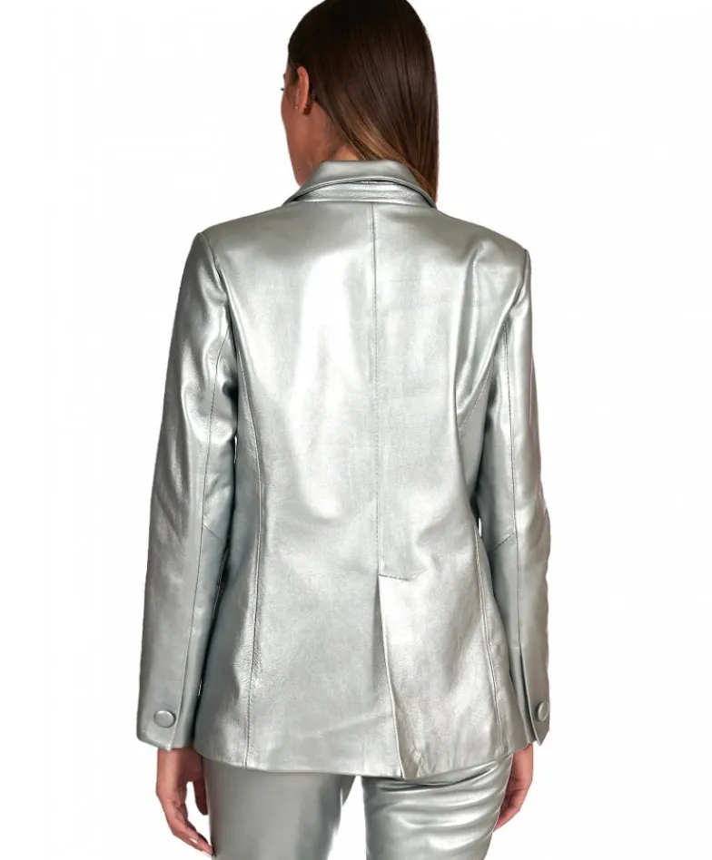 Donna D'Arienzo Giada - Blazer doppiopetto in pelle color argento chiusura bottone