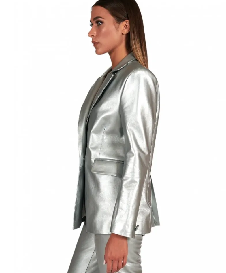 Donna D'Arienzo Giada - Blazer doppiopetto in pelle color argento chiusura bottone