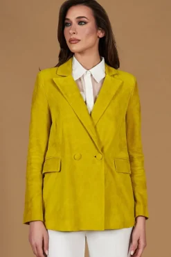 Donna D'Arienzo Giada - Blazer doppiopetto in pelle camoscio giallo chiusura bottone
