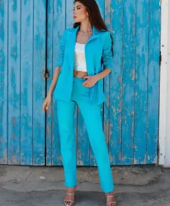 Donna D'Arienzo Giada - Blazer doppiopetto in pelle camoscio turchese chiusura bottone