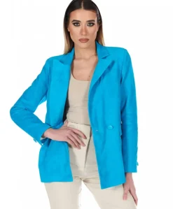 Donna D'Arienzo Giada - Blazer doppiopetto in pelle camoscio turchese chiusura bottone