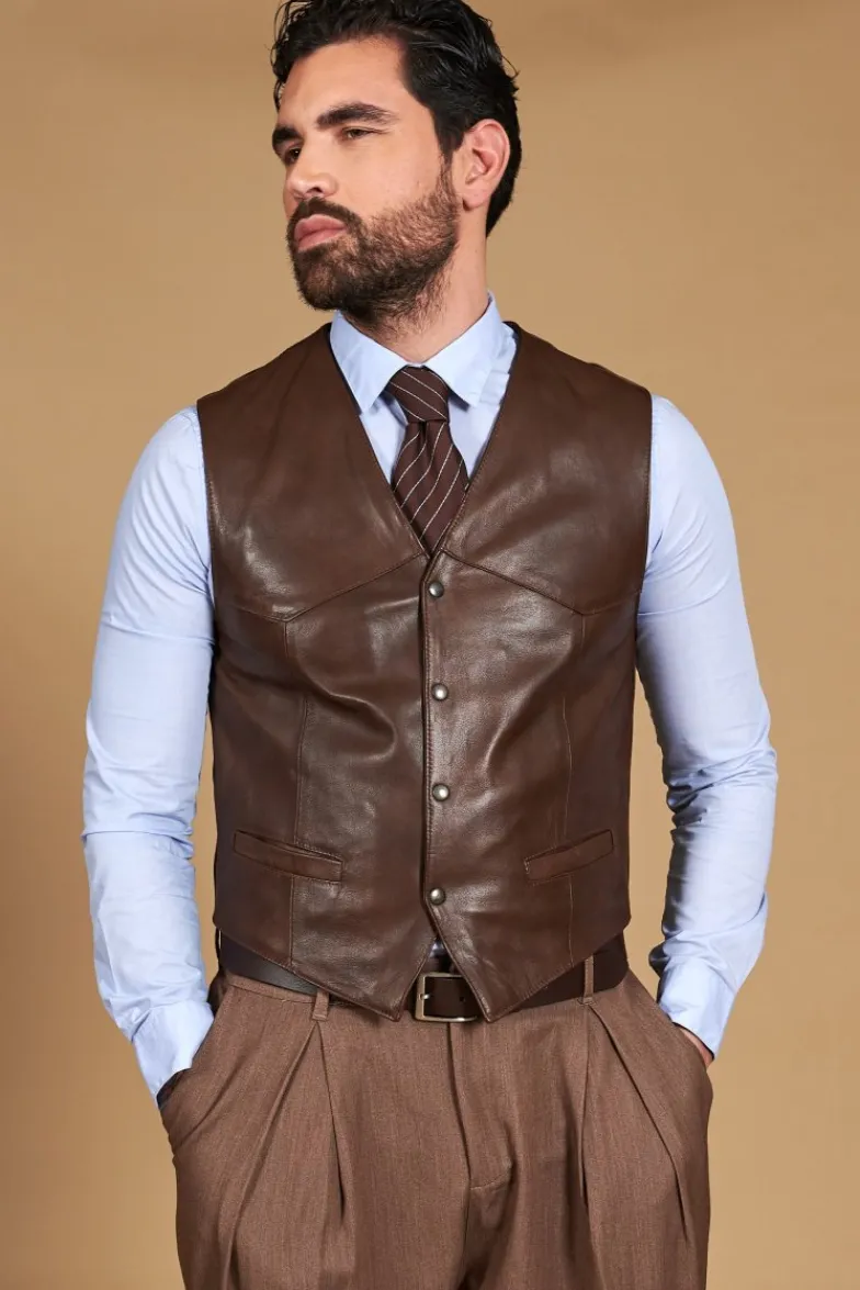 Uomo D'Arienzo Gilet - Gilet in pelle naturale marrone stile classico