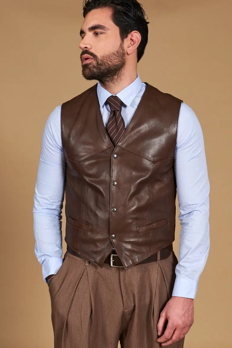 Uomo D'Arienzo Gilet - Gilet in pelle naturale marrone stile classico