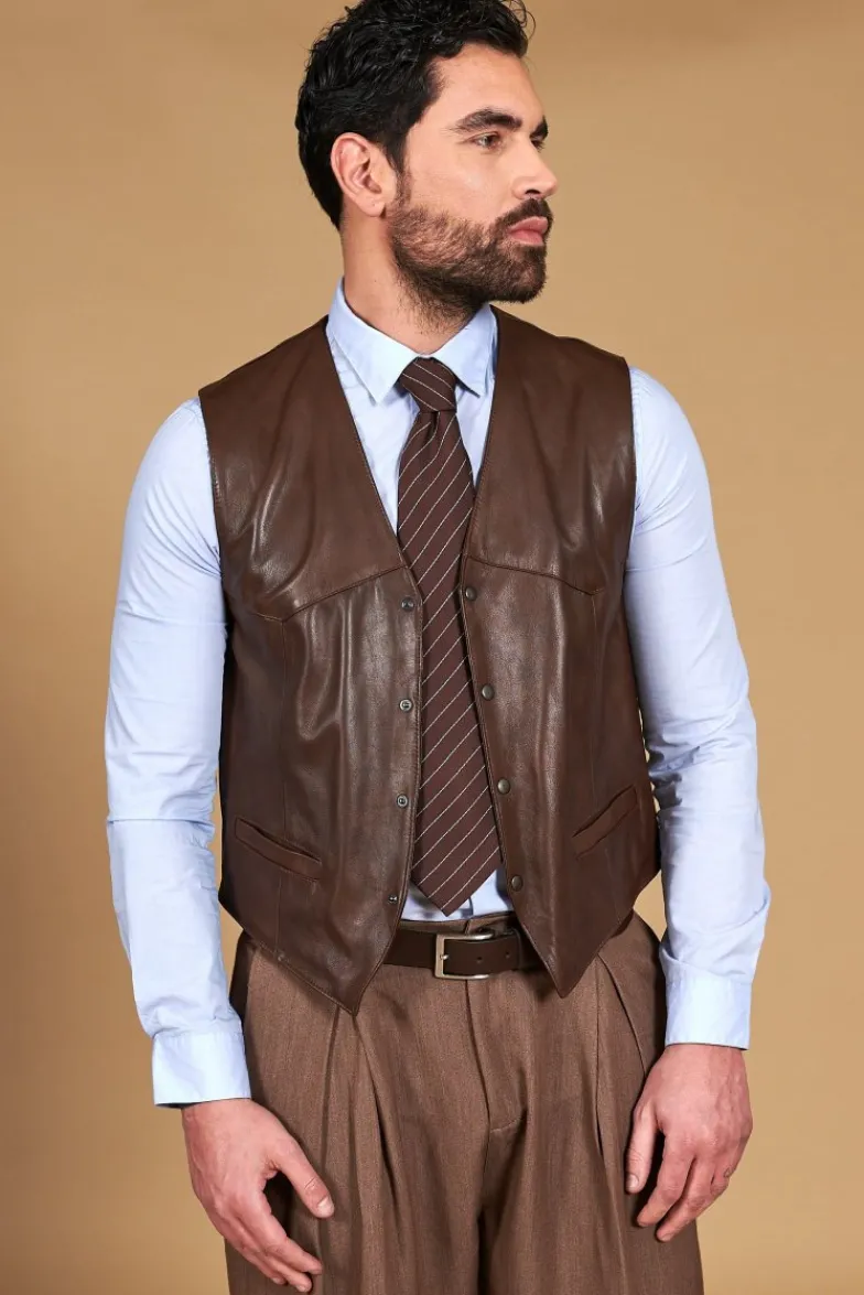 Uomo D'Arienzo Gilet - Gilet in pelle naturale marrone stile classico