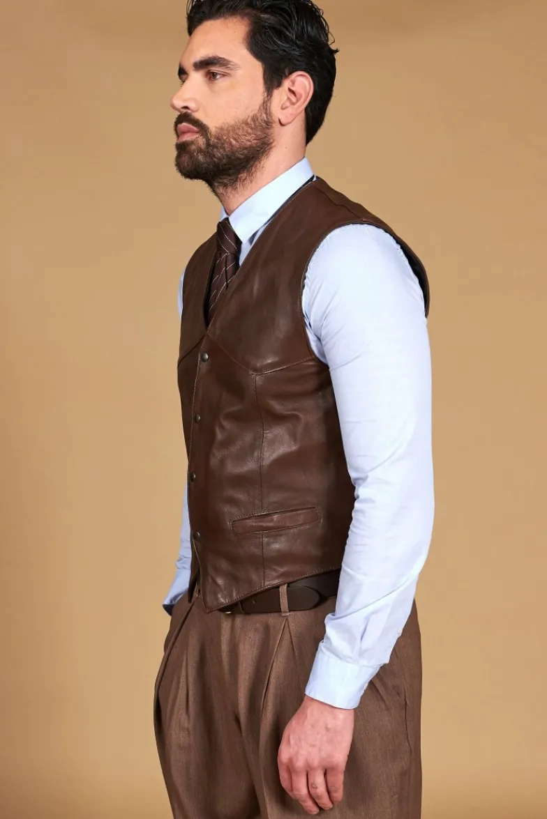 Uomo D'Arienzo Gilet - Gilet in pelle naturale marrone stile classico