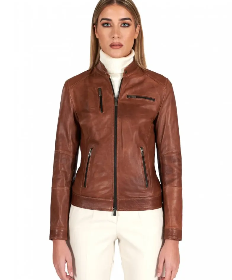 Donna D'Arienzo Giulia - Giacca biker in pelle cuoio pull up effetto vintage