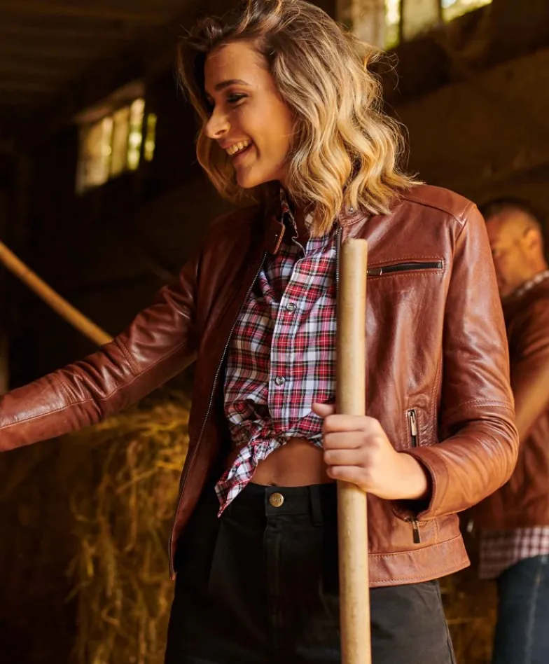 Donna D'Arienzo Giulia - Giacca biker in pelle cuoio pull up effetto vintage