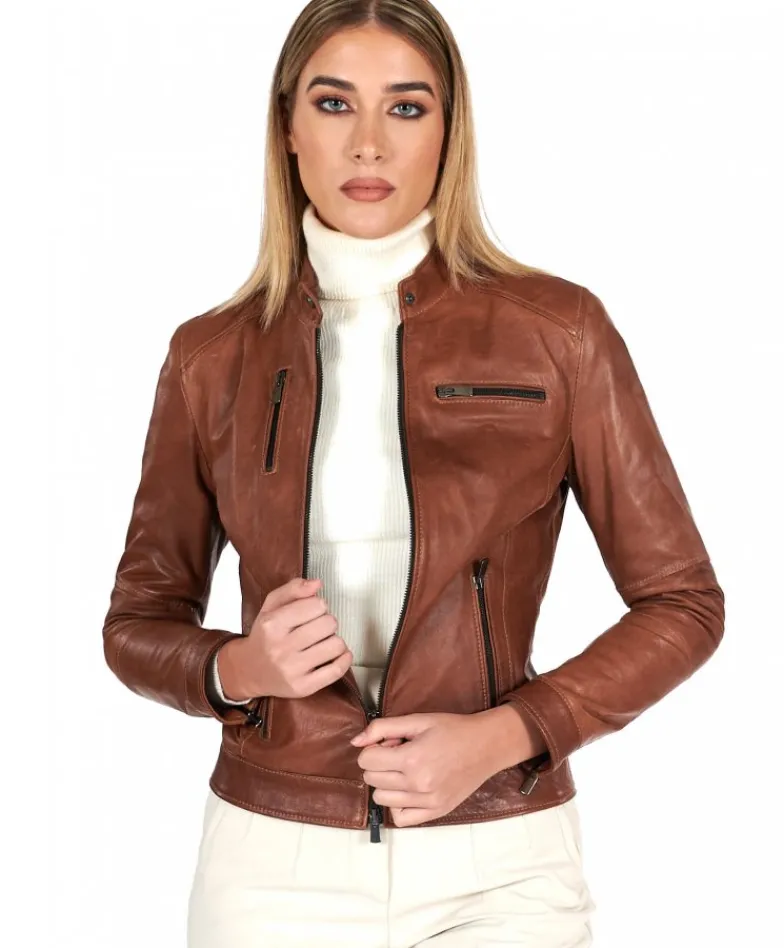 Donna D'Arienzo Giulia - Giacca biker in pelle cuoio pull up effetto vintage