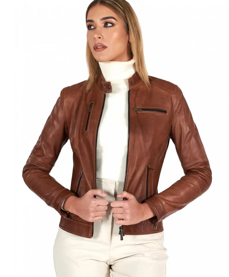 Donna D'Arienzo Giulia - Giacca biker in pelle cuoio pull up effetto vintage