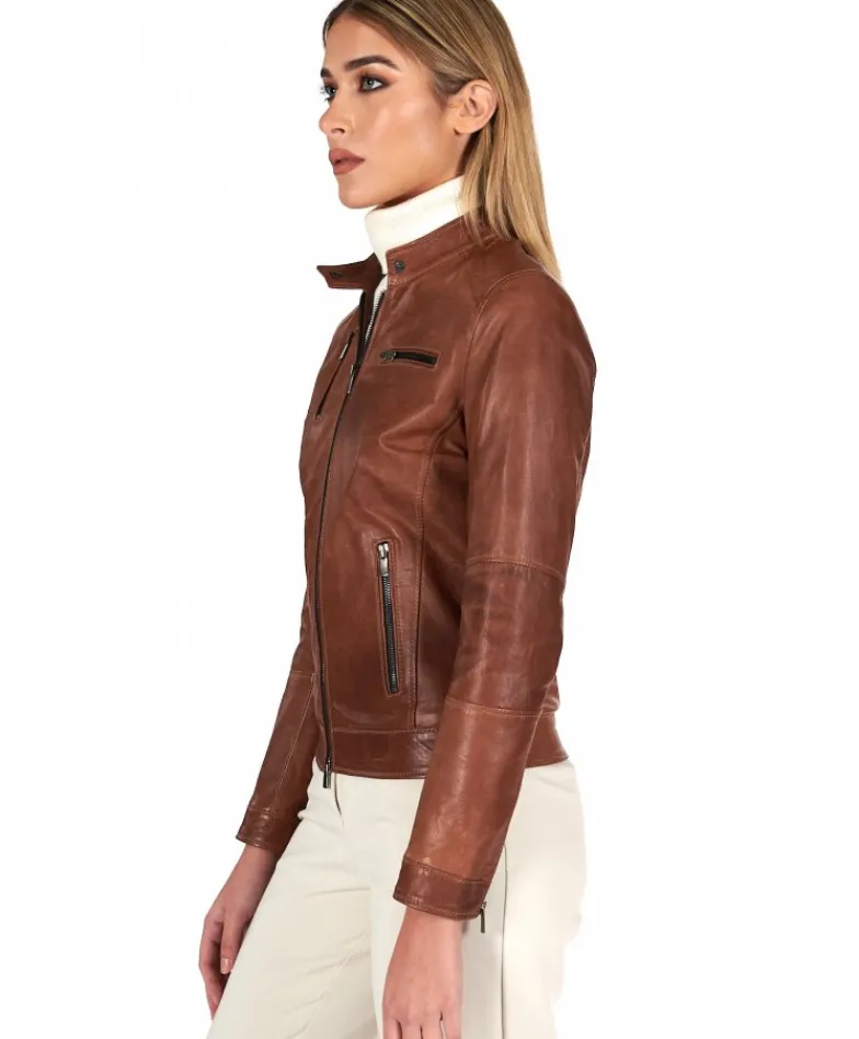 Donna D'Arienzo Giulia - Giacca biker in pelle cuoio pull up effetto vintage