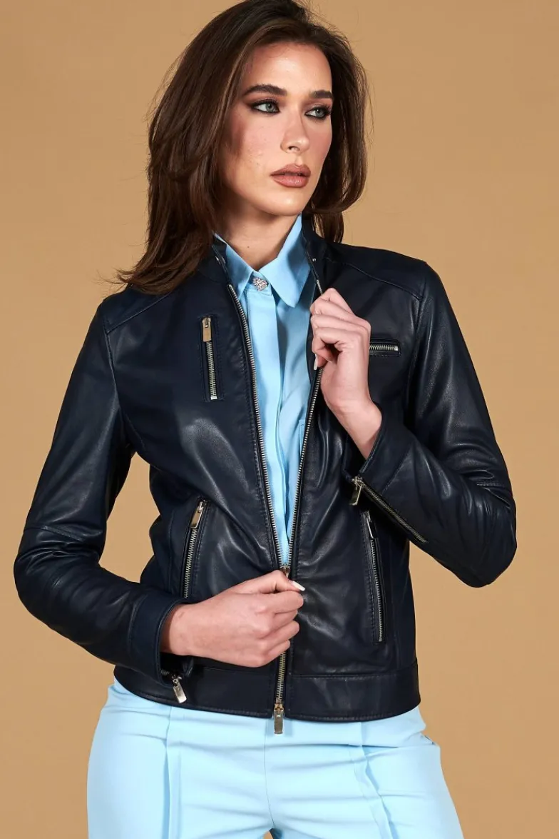 Donna D'Arienzo Giulia - Giacca biker in pelle naturale blu avion effetto liscio