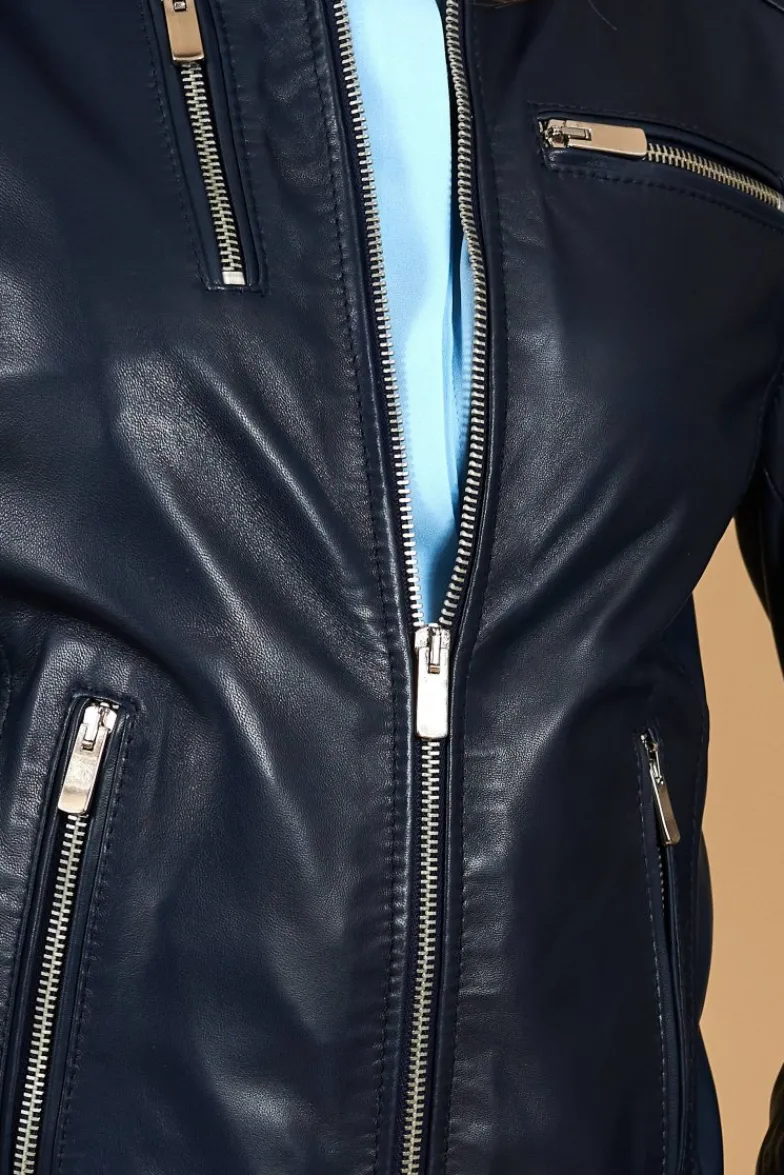 Donna D'Arienzo Giulia - Giacca biker in pelle naturale blu avion effetto liscio