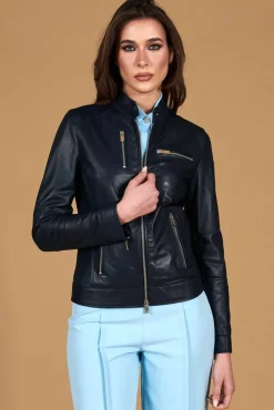 Donna D'Arienzo Giulia - Giacca biker in pelle naturale blu avion effetto liscio