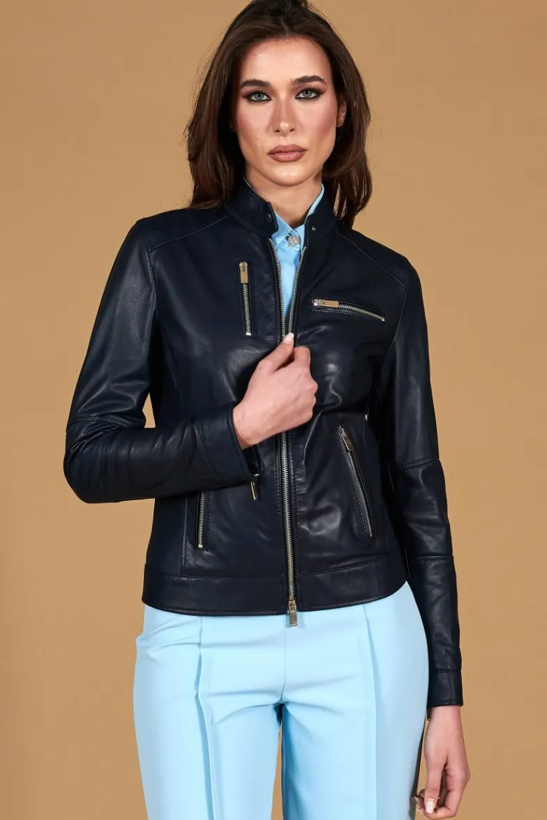 Donna D'Arienzo Giulia - Giacca biker in pelle naturale blu avion effetto liscio