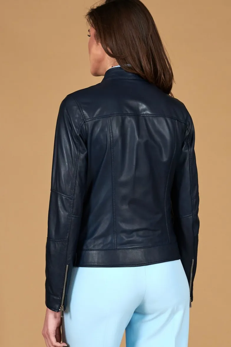 Donna D'Arienzo Giulia - Giacca biker in pelle naturale blu avion effetto liscio