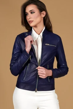 Donna D'Arienzo Giulia - Giacca biker in pelle naturale bluette effetto liscio