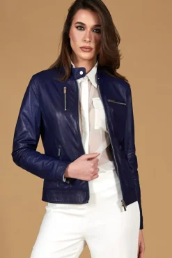 Donna D'Arienzo Giulia - Giacca biker in pelle naturale bluette effetto liscio