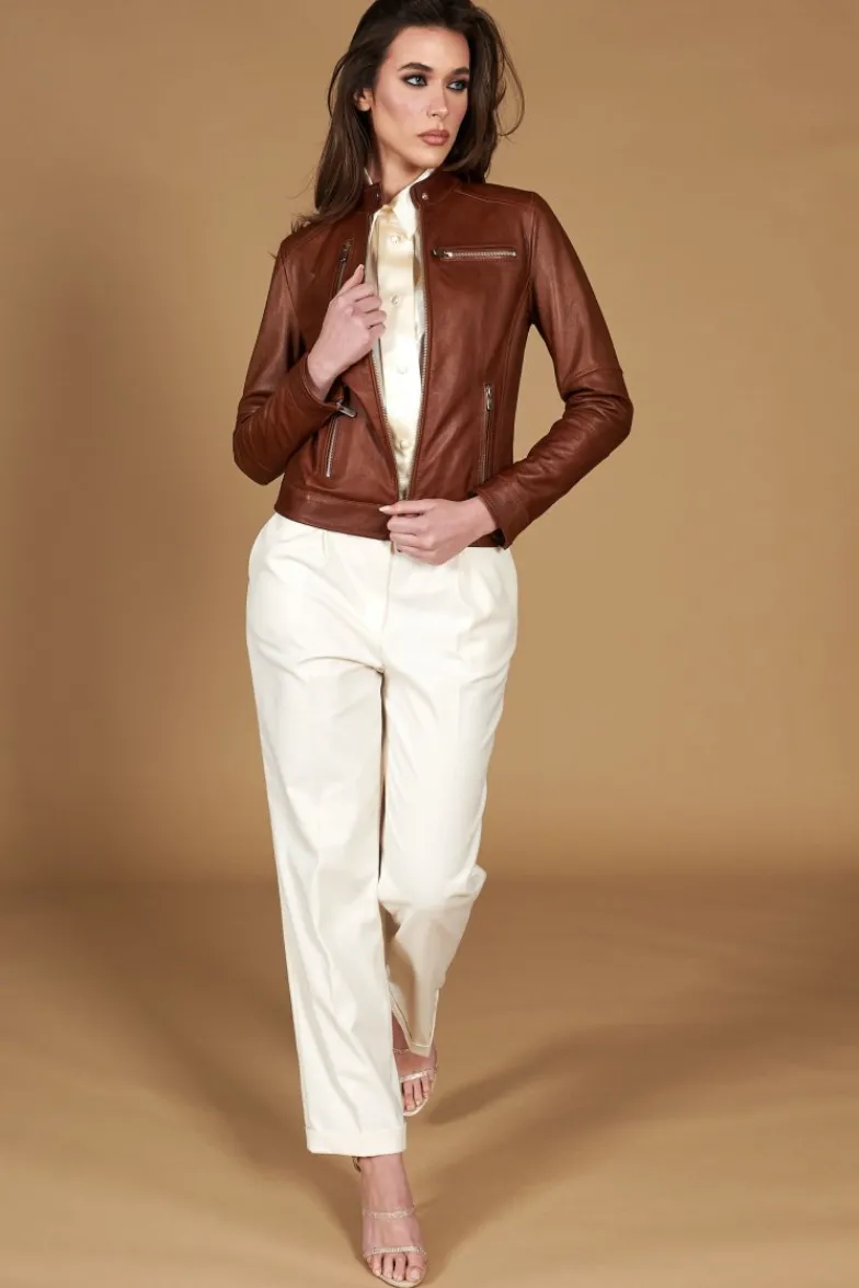 Donna D'Arienzo Giulia - Giacca biker in pelle cuoio pull up effetto vintage