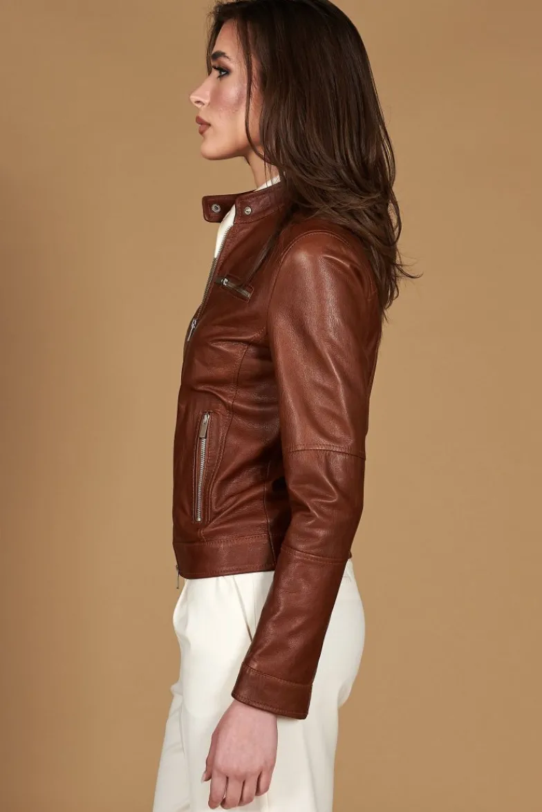 Donna D'Arienzo Giulia - Giacca biker in pelle cuoio pull up effetto vintage