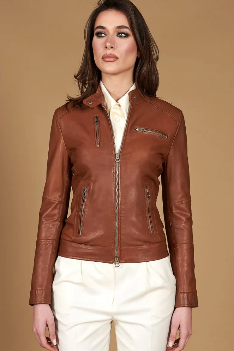 Donna D'Arienzo Giulia - Giacca biker in pelle naturale cuoio effetto liscio