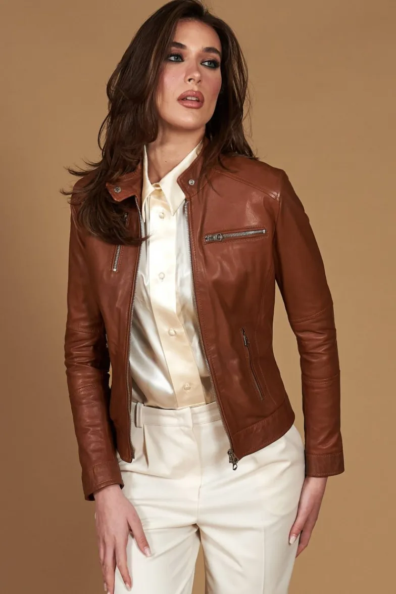 Donna D'Arienzo Giulia - Giacca biker in pelle naturale cuoio effetto liscio