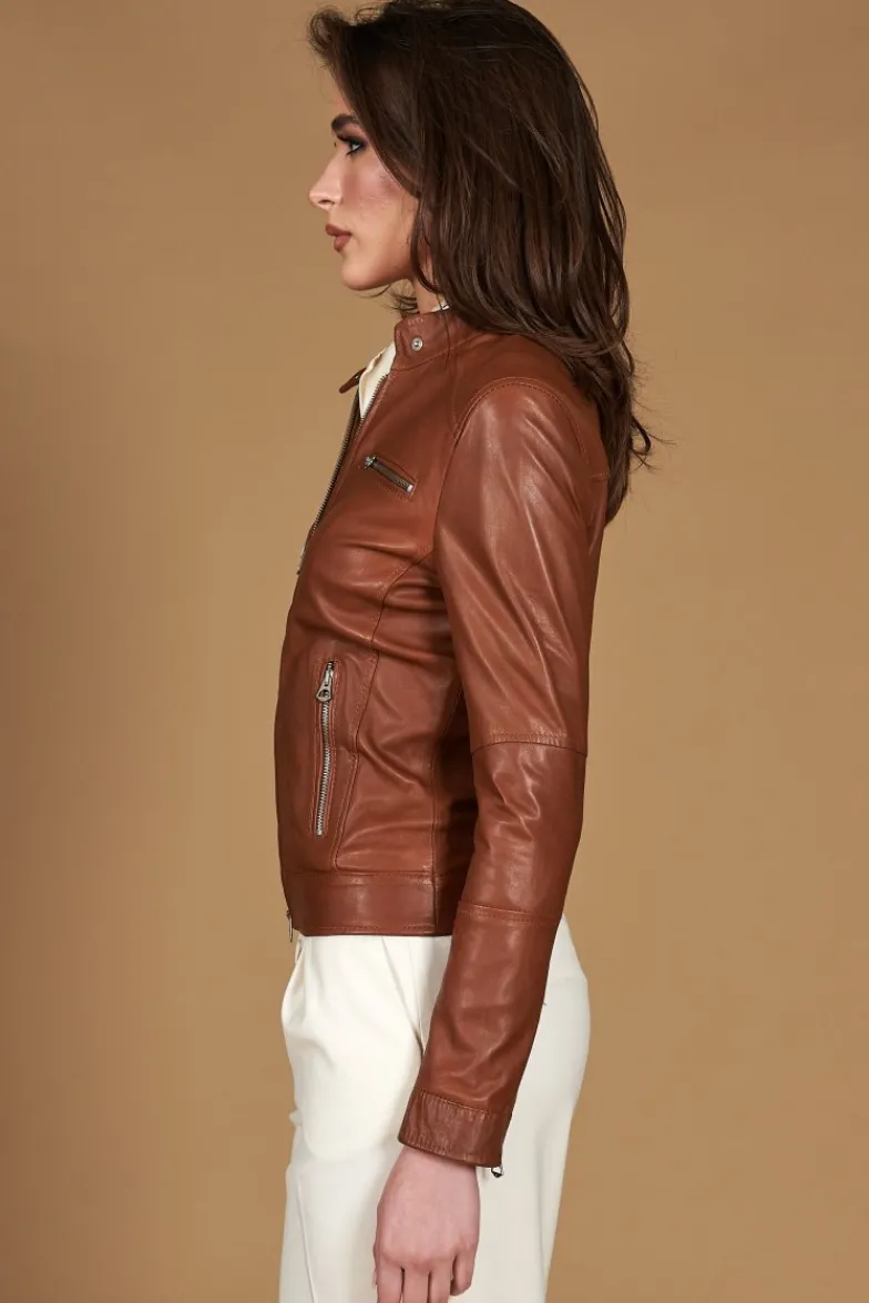 Donna D'Arienzo Giulia - Giacca biker in pelle naturale cuoio effetto liscio